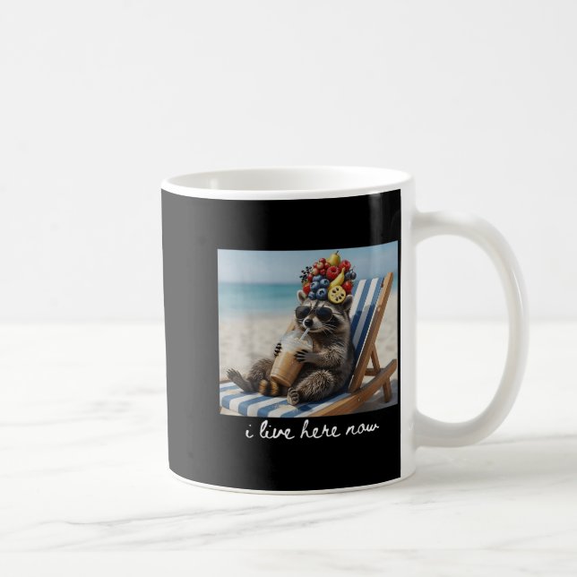 I Live Here Now Funny Racoon Drinking Iced Coffee Mug (Right)