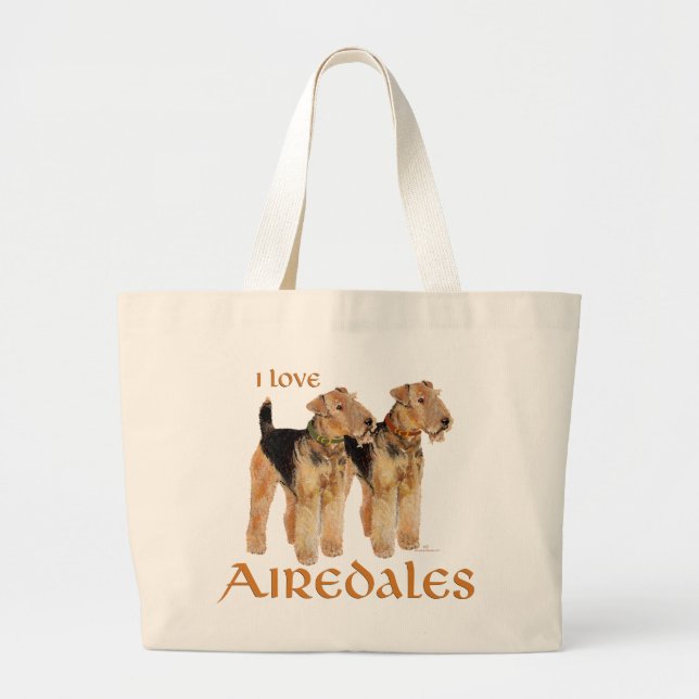 I Love Airedales Large Tote Bag (Front)