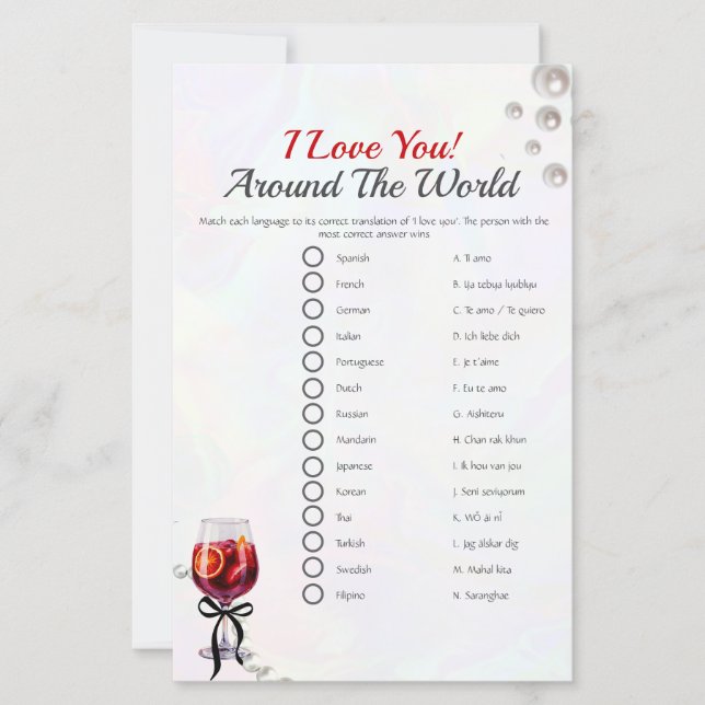 I love around the world Bridal shower game (Front)