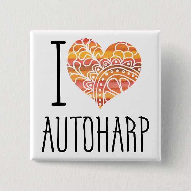 I Love Autoharp Orange Mandala Heart 15 Cm Square Badge (Front)