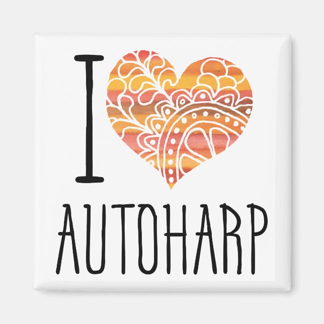 I Love Autoharp Orange Mandala Heart Magnet (Front)
