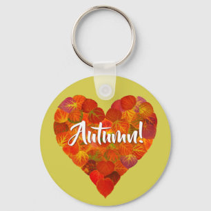 I Love Autumn, Bold—Red Aspen Leaf Heart 1 Key Ring
