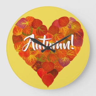 I Love Autumn, Bold—Red Aspen Leaf Heart 1 Large Clock