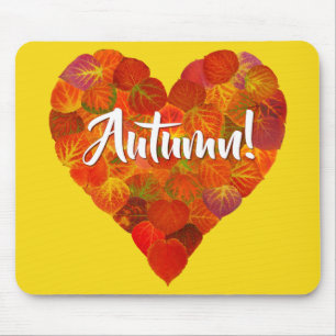 I Love Autumn, Bold—Red Aspen Leaf Heart 1 Mouse Mat