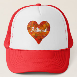 I Love Autumn, Bold—Red Aspen Leaf Heart 1 Trucker Hat