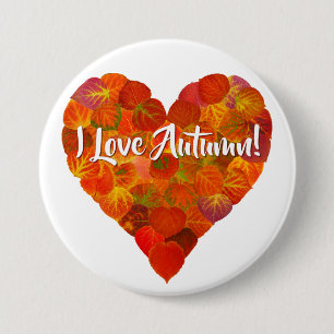 I Love Autumn!—Red Aspen Leaf Heart 1 7.5 Cm Round Badge