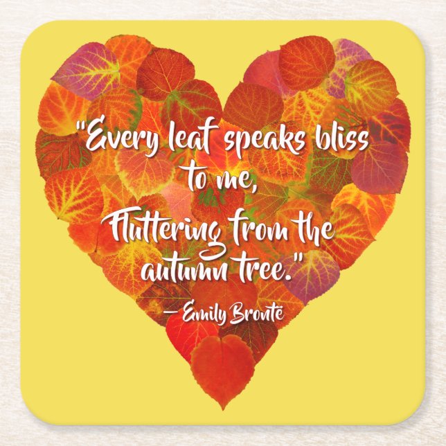 I Love Autumn—Red Aspen Leaf Heart 1, Brontë Quote Square Paper Coaster (Front)