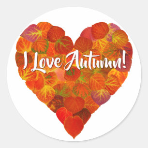I Love Autumn!—Red Aspen Leaf Heart 1 Classic Round Sticker