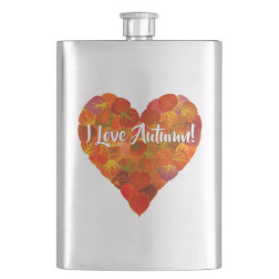 I Love Autumn!—Red Aspen Leaf Heart 1 Hip Flask