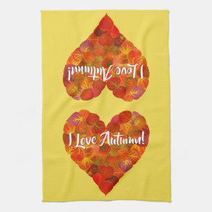 I Love Autumn!—Red Aspen Leaf Heart 1 Tea Towel