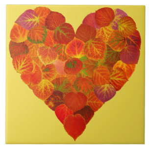 I Love Autumn, Subtle—Red Aspen Leaf Heart 1 Tile