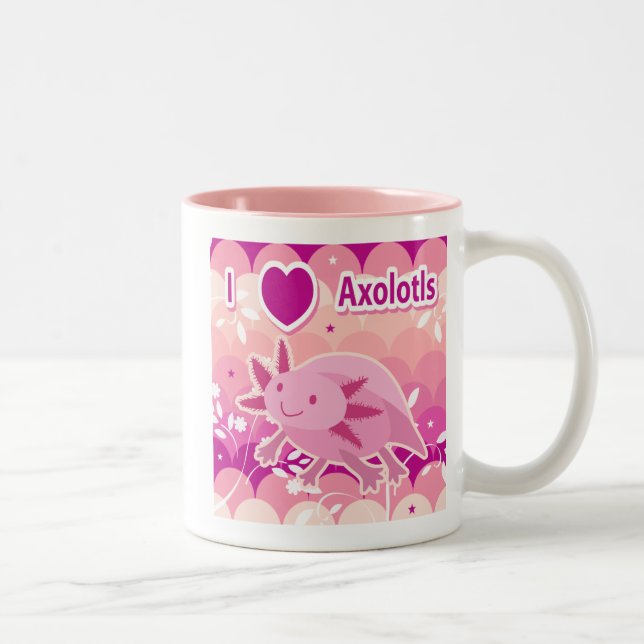 "I Love Axolotls" Pink Axolotl Design Two-Tone Coffee Mug (Right)