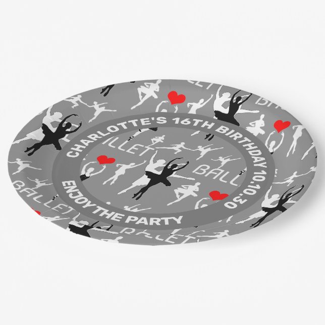 I Love Ballet Pattern. White Ballet Dancers Paper Plate (Angled)