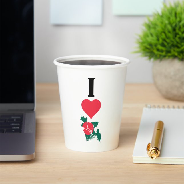 I Love Bangladesh Vertical Heart Country Flag Map Paper Cups (Insitu)