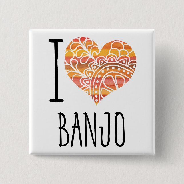 I Love Banjo Orange Mandala Heart 15 Cm Square Badge (Front)