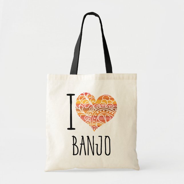 I Love Banjo Orange Mandala Heart Tote Bag (Front)