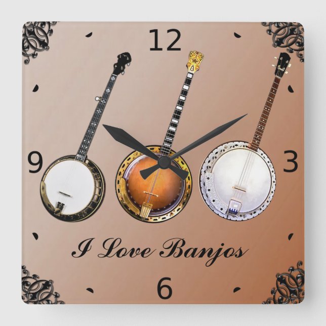 I LOVE  BANJOS SQUARE WALL CLOCK (Front)