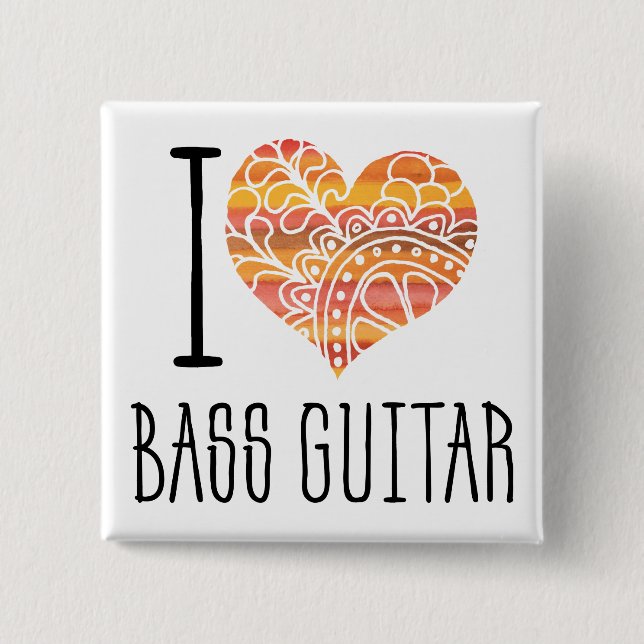 I Love Bass Guitar Orange Mandala Heart 15 Cm Square Badge (Front)