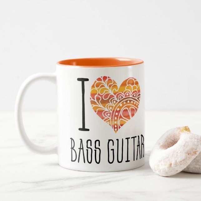 I Love Bass Guitar Orange Mandala Heart Two-Tone Coffee Mug (With Donut)