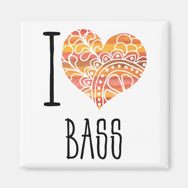 I Love Bass Orange Mandala Heart Magnet (Front)