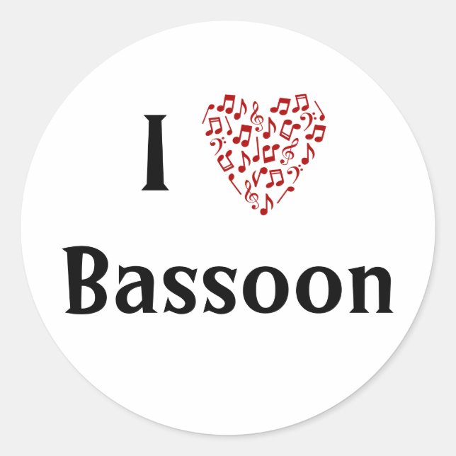 I Love Bassoon Red Heart of Music Notes Classic Round Sticker (Front)