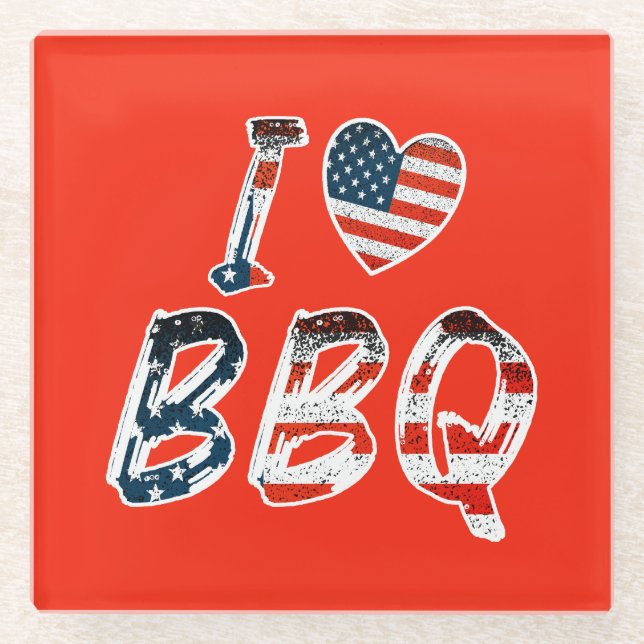 I love bbq, American patriotic Glass Coaster (Front)