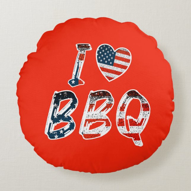 I Love BBQ, American Patriotic Round Cushion (Front)