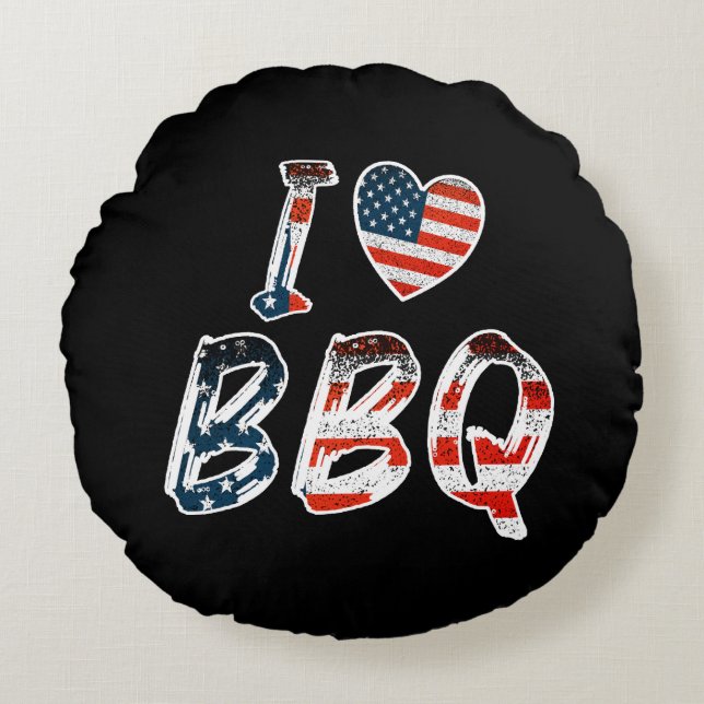 I Love BBQ, American Patriotic Round Cushion (Front)