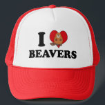 I Love Beavers Funny Trucker Hat<br><div class="desc">This funny beaver hat reads I Love Beavers in black with a cute cartoon beaver over the red heart. A cute team mascot cap for a school with a sense of humour.</div>