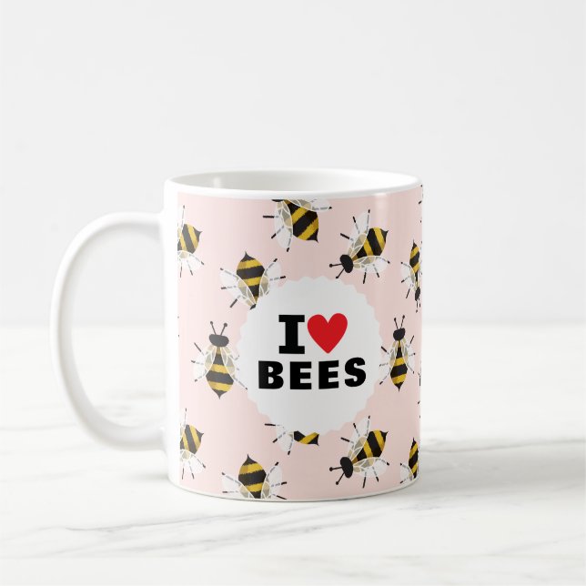 I Love Bees Patterned Pale Pink Coffee Mug (Left)