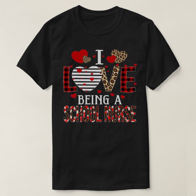 I Love Being A School Nurse Red Plaid Hearts Valen T-Shirt (Design Front)