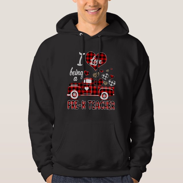 I Love Being Pre-K Teacher Red Truck Hearts Valent Hoodie (Front)