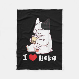 I Love Boba Bubble Tea Dog Cut French Bulldog Gift Fleece Blanket