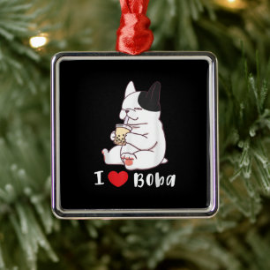 I Love Boba Bubble Tea Dog Cut French Bulldog Gift Metal Tree Decoration