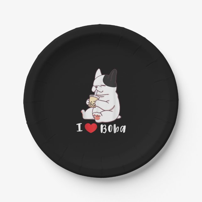 I Love Boba Bubble Tea Dog Cut French Bulldog Gift Paper Plate (Front)