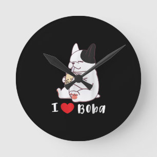 I Love Boba Bubble Tea Dog Cut French Bulldog Gift Round Clock