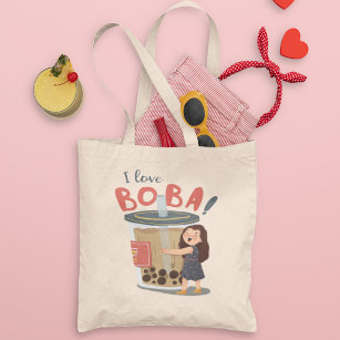 I love boba! cute girl hugging a bubble tea  tote bag