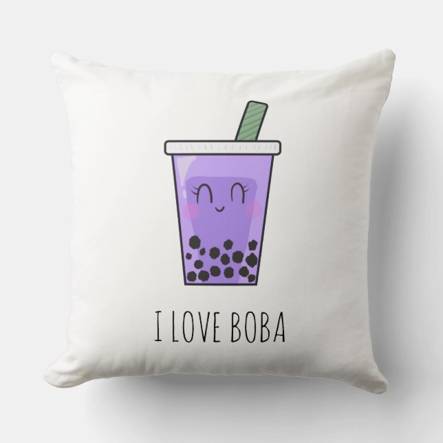 I Love Boba Kawaii Bubble Tea Taro Ube Purple Cushion (Front)
