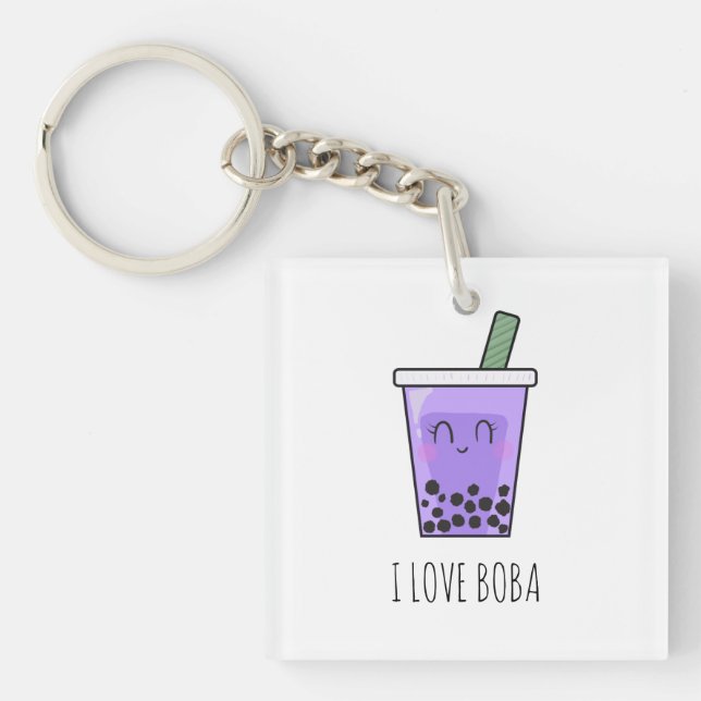 I Love Boba Kawaii Bubble Tea Taro Ube Purple Key Ring (Front)