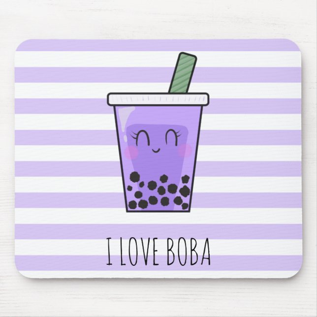 I Love Boba Kawaii Bubble Tea Taro Ube Purple Mouse Mat (Front)
