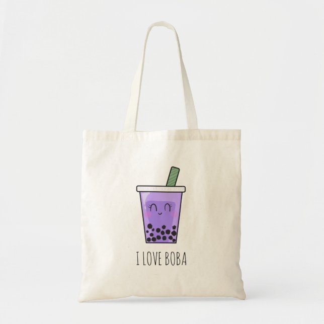 I Love Boba Kawaii Bubble Tea Taro Ube Purple Tote Bag (Front)