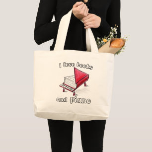 I Love Books And Piano, Authentic Freehand Art Large Tote Bag
