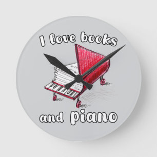 I Love Books And Piano, Authentic Freehand Art Round Clock
