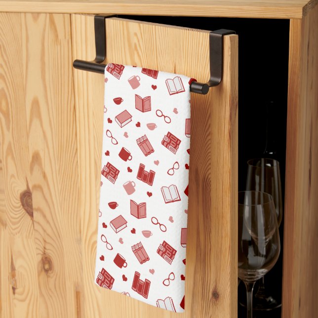 I love books and reading cute red pattern tea towel (Thirds Fold)