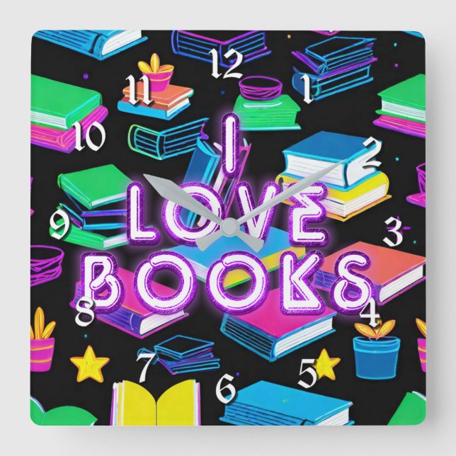 I Love Books Colourful Round Square Wall Clock (Front)