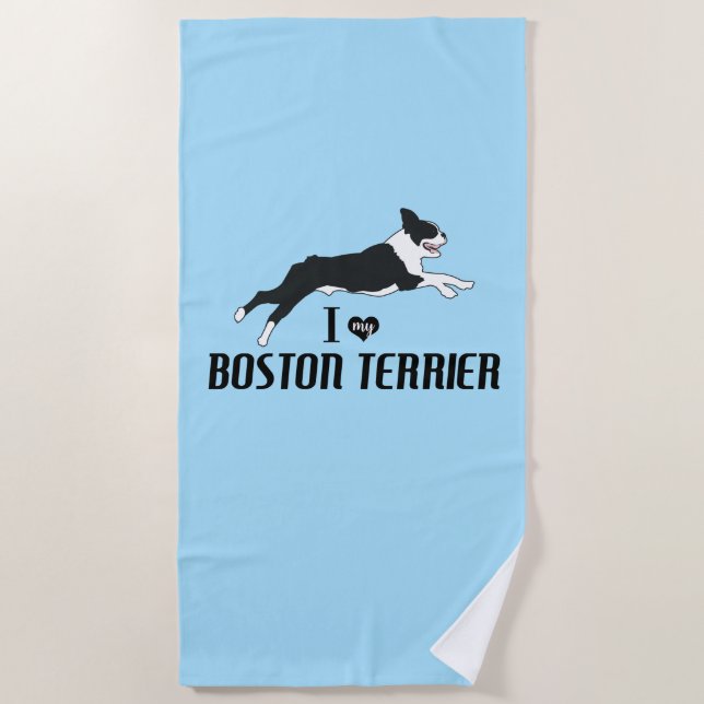 I Love Boston Terrier Dog Beach Towel (Front)