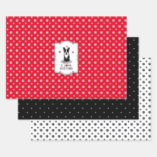 I Love Bostons - Boston Terriers (black & white) Wrapping Paper Sheet