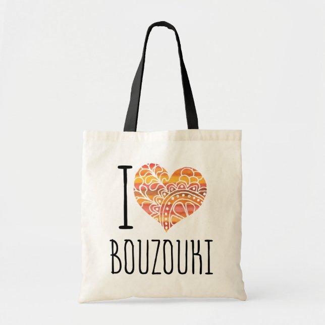 I Love Bouzouki Orange Mandala Heart Tote Bag (Front)