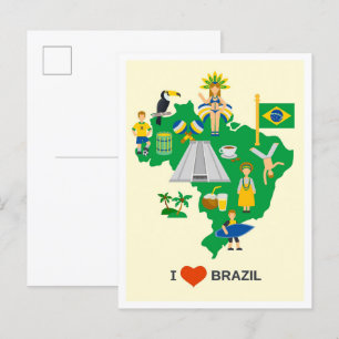 I Love Brazil Art Vintage Travel Illustration Postcard