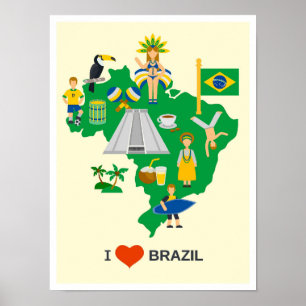 I Love Brazil Art Vintage Travel Illustration Poster